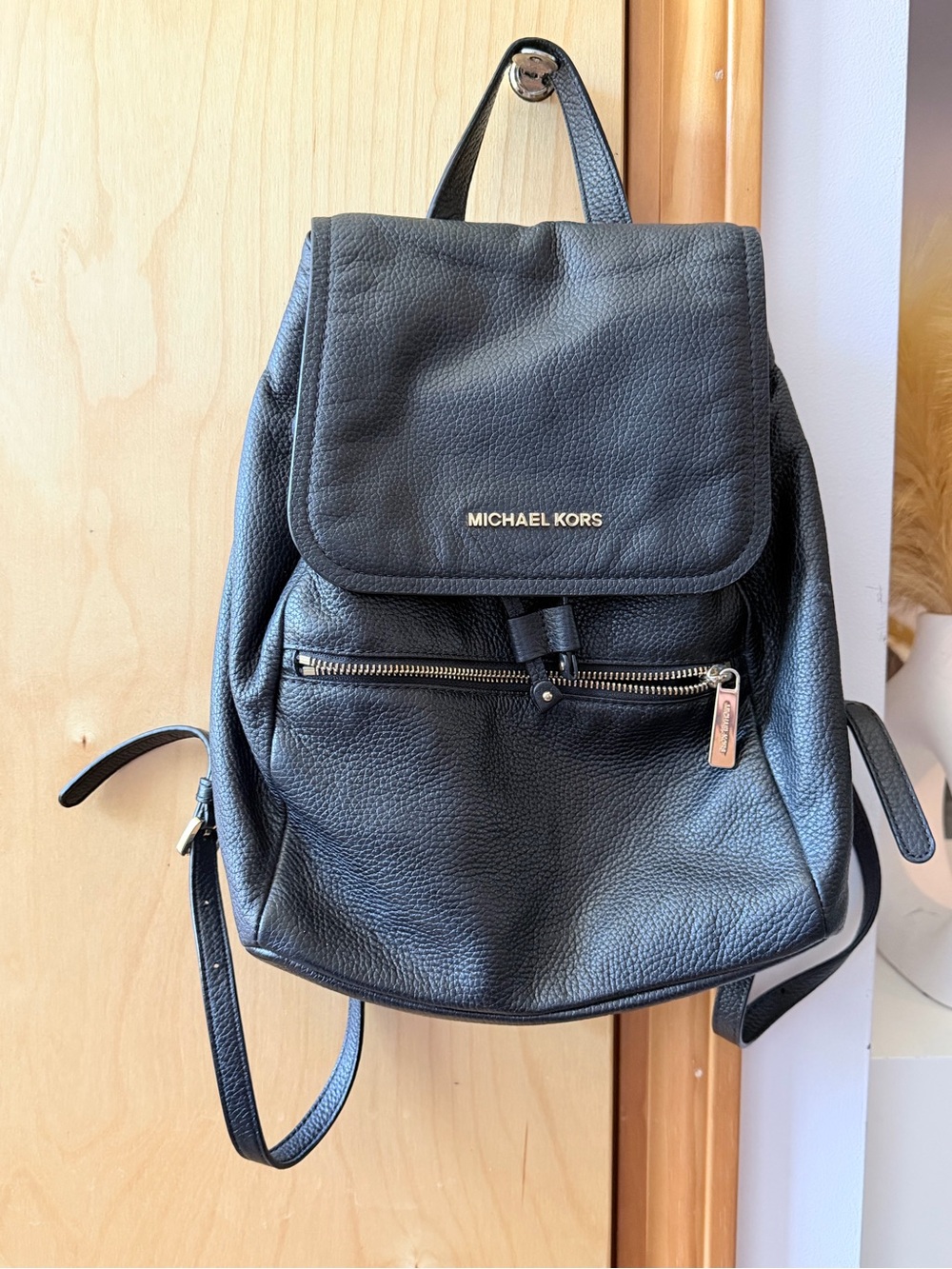 Michael Kors Black Pebbled Leather Backpack with Front Zip Pocket